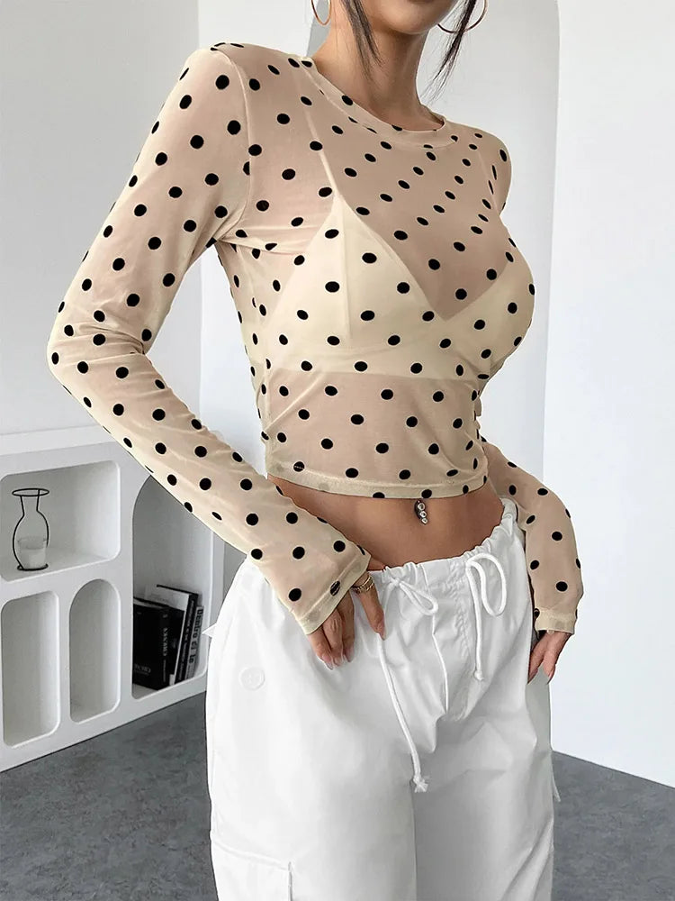 Womens Polka Dots Long Sleeve Mesh Tops