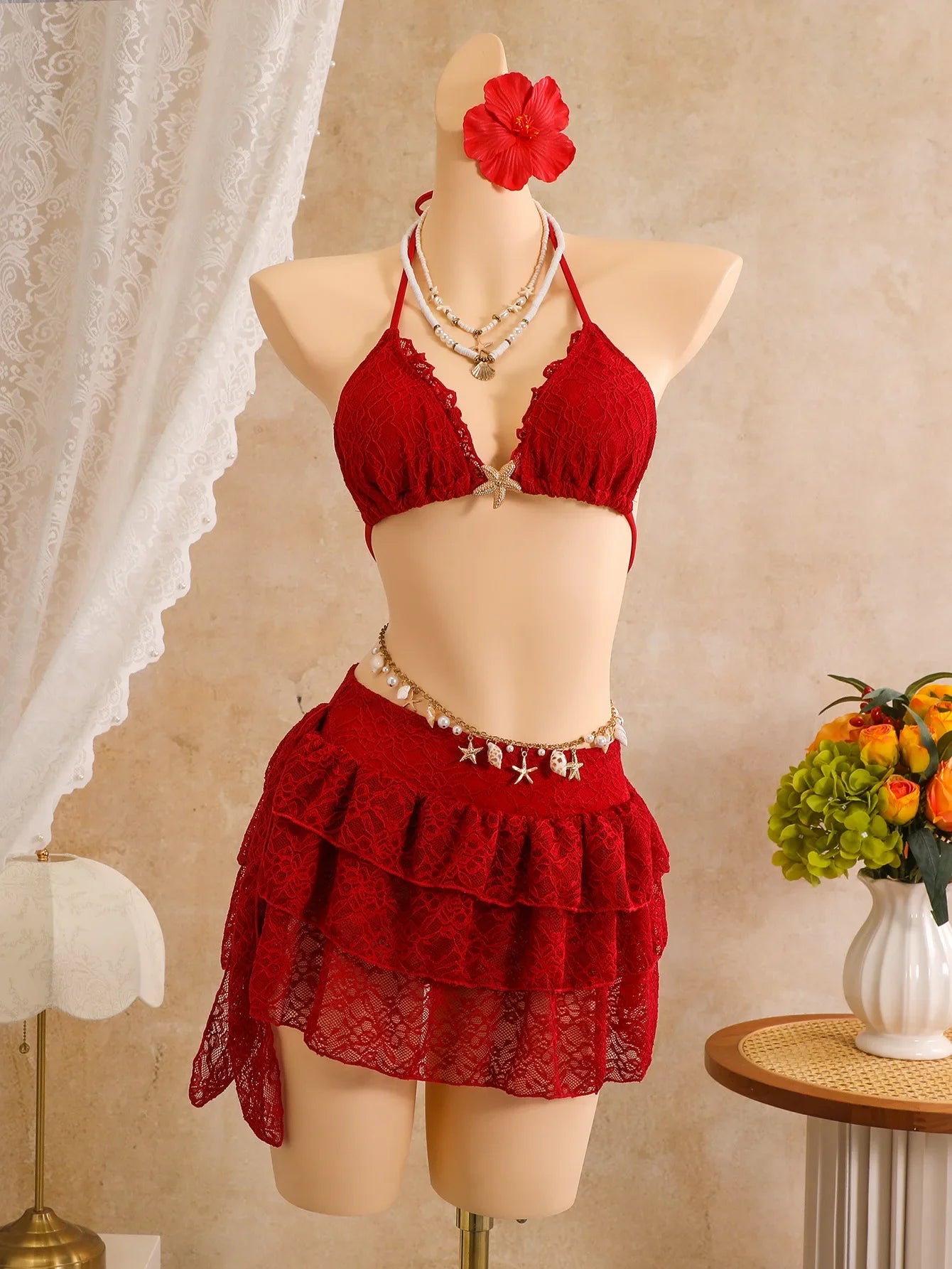 Vintage Red Pleate Skirt 3 Piece Bikini Set