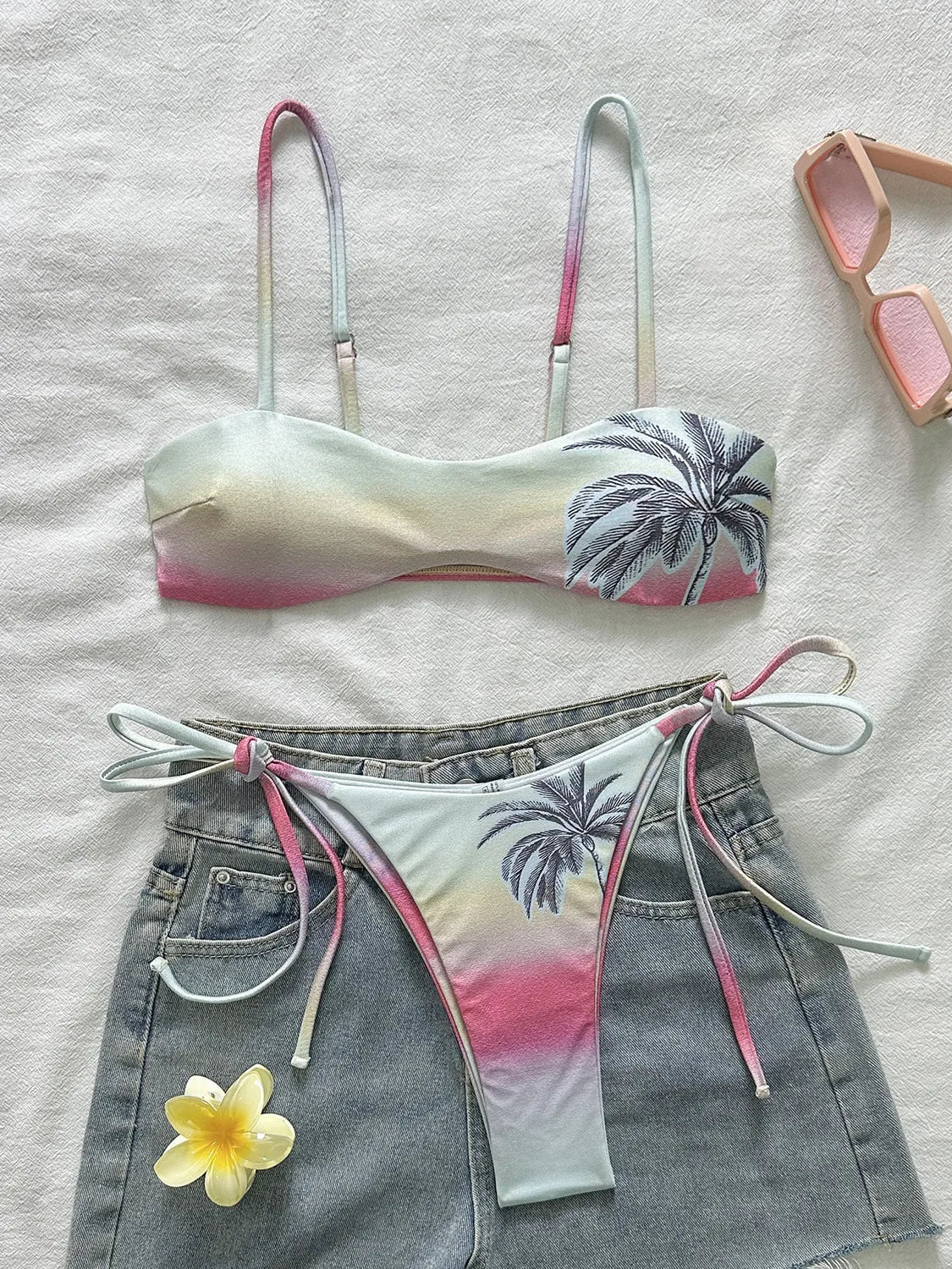 Sexy Pink Gradient Coconut Tree Print Bikini Set