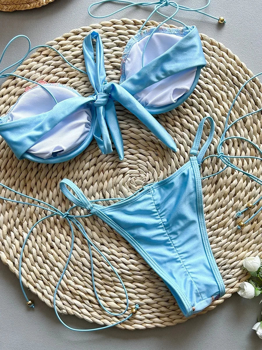 Sexy Blue Flower Embroidery Print Bikini Set