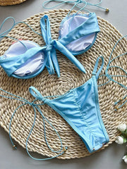 Sexy Blue Flower Embroidery Print Bikini Set