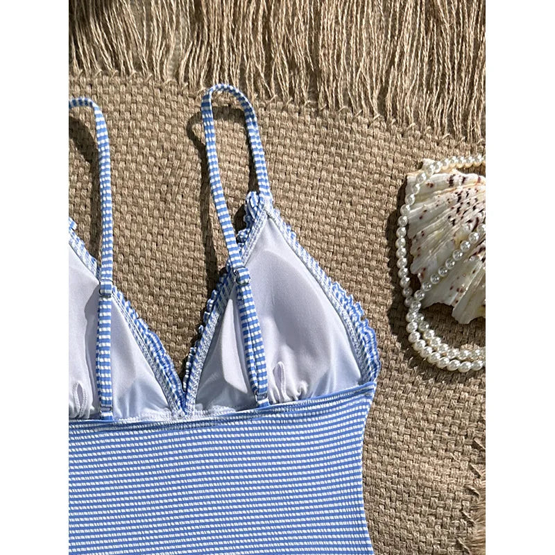 Vintage Sky Blue Striped One Piece Swimsuit