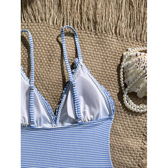 Vintage Sky Blue Striped One Piece Swimsuit