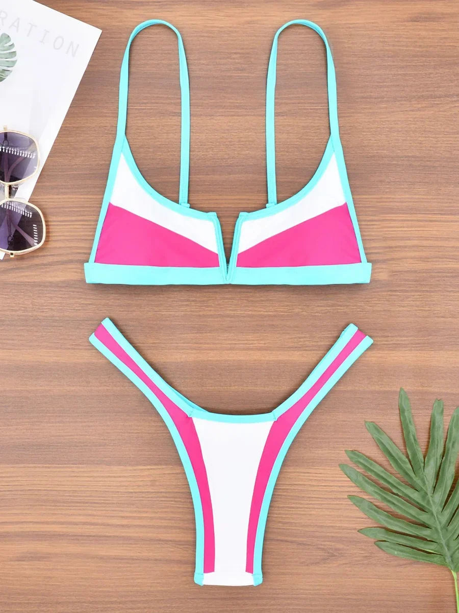 Splicing Denim V Shaped Thong Bikini