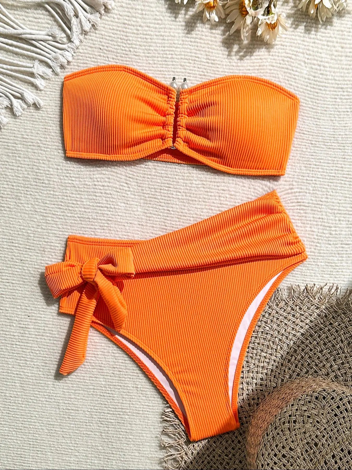 Bandeau Metal U Wire Push Up Belt High Waist Swimsuit