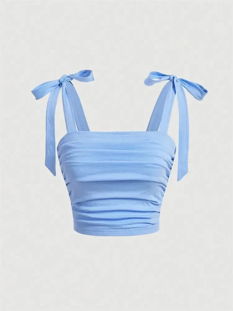 Solid Tie Shoulder Ruched Wide Strap Slim Fit Crop Top