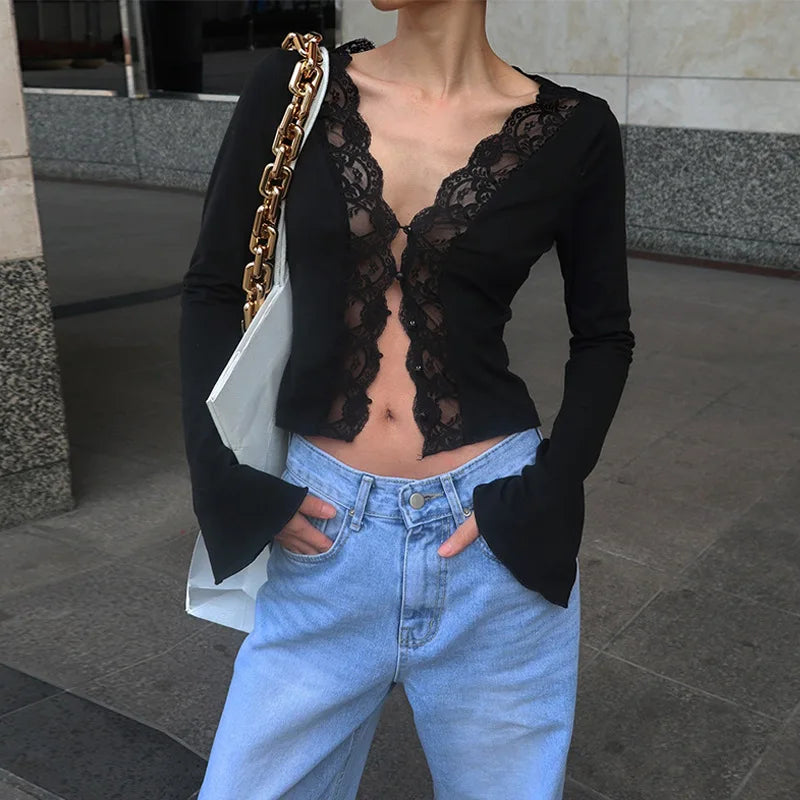Sexy Lace Panel V Neck Crop Top