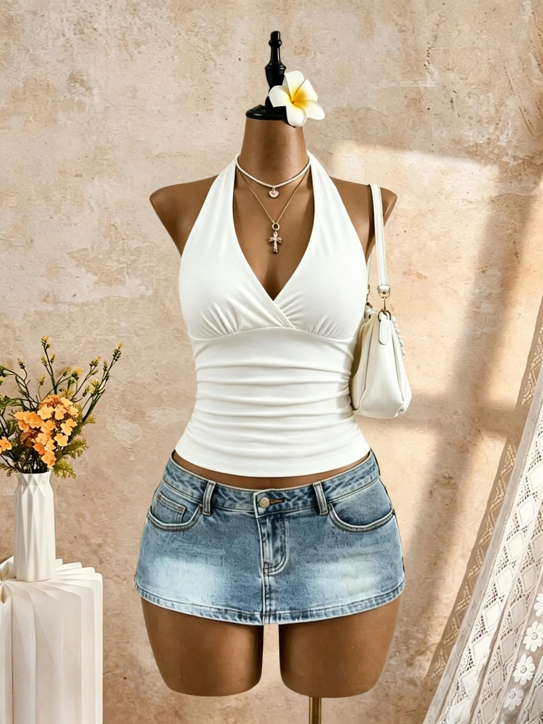 Y2K Solid White Sleeveless Casual Daily Tank Top