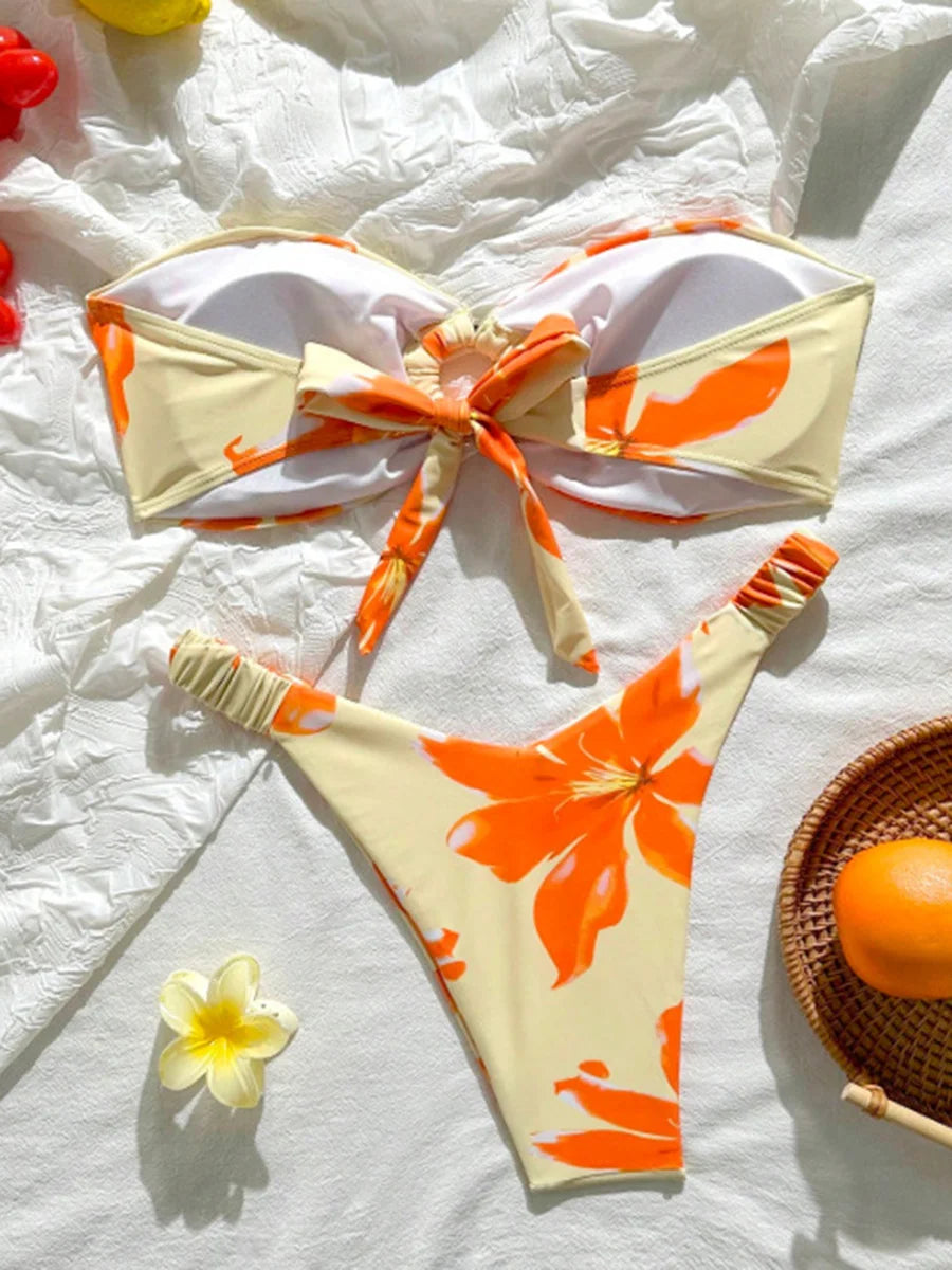 Floral Printed Wrinkled Bandeau Bikini