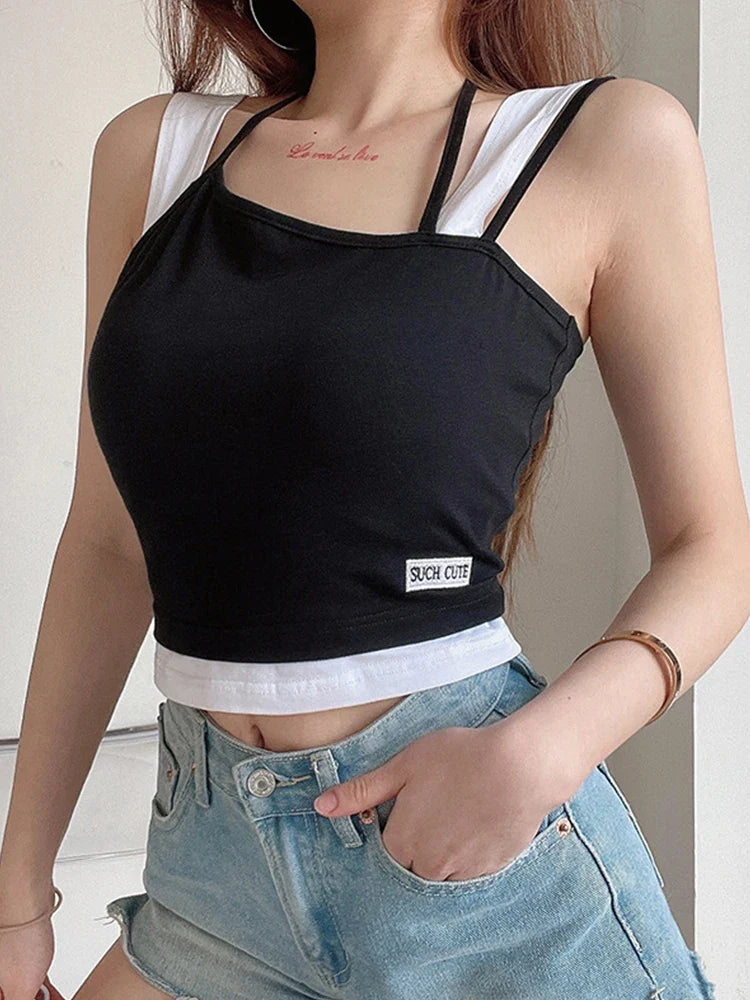 Hollow Out Black Y2K Tees Sleeveless Skinny Tops