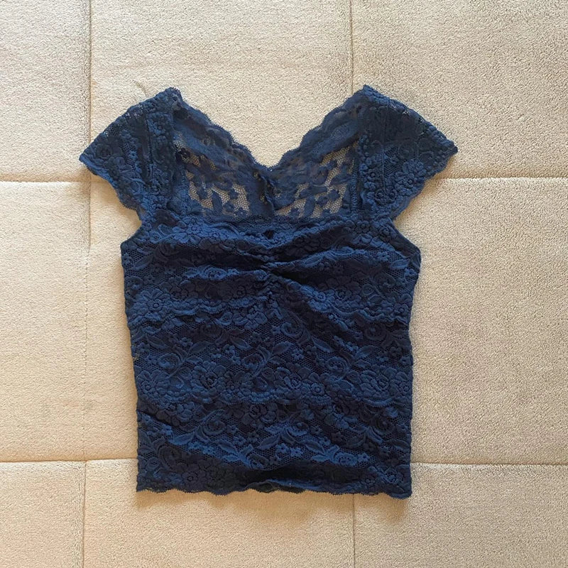 Y2K Fairycore Blue Floral Lace Milkmaid Tank Tops