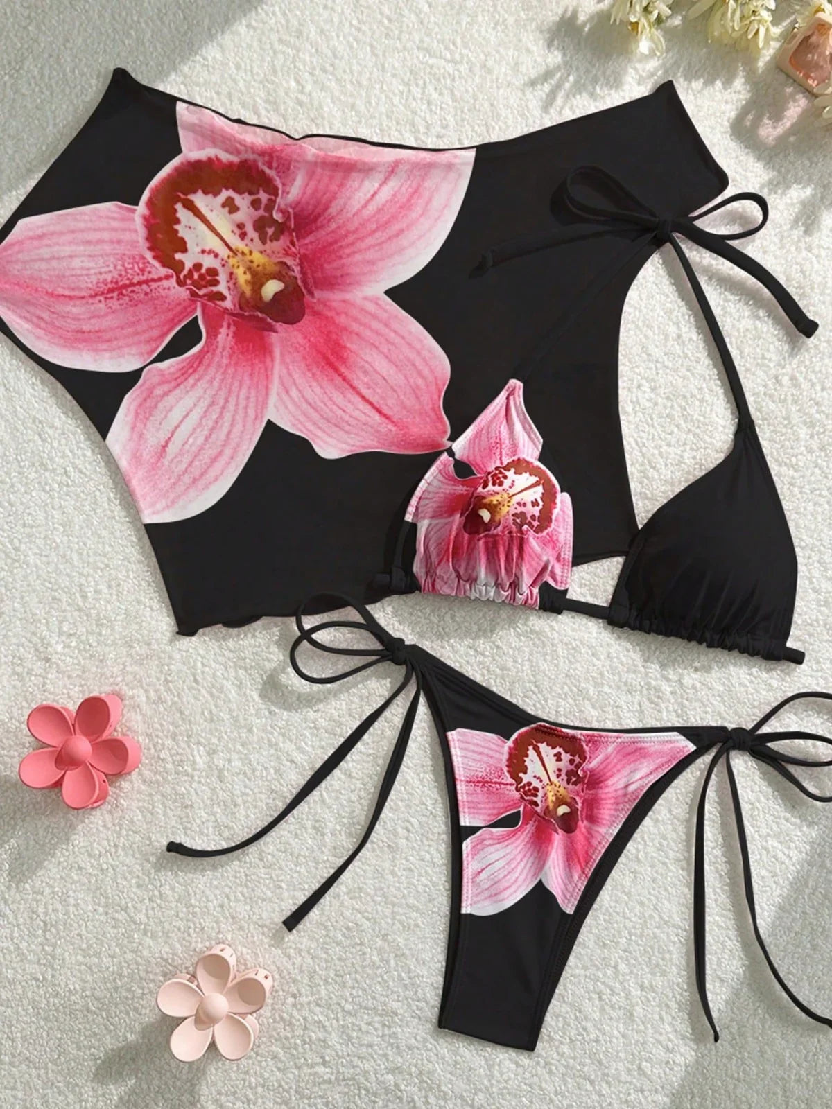 Sexy Pink Floral Print Short Sleeve Cover Up 3 Piece Bikini Set