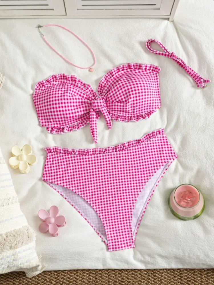 Vintage Coffee Plaid Print Bikini Set