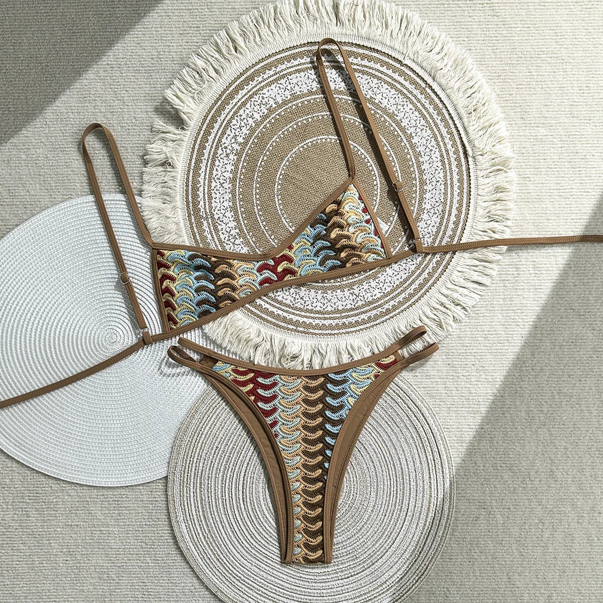 Vintage Crochet Coffee Striped Bikini Set