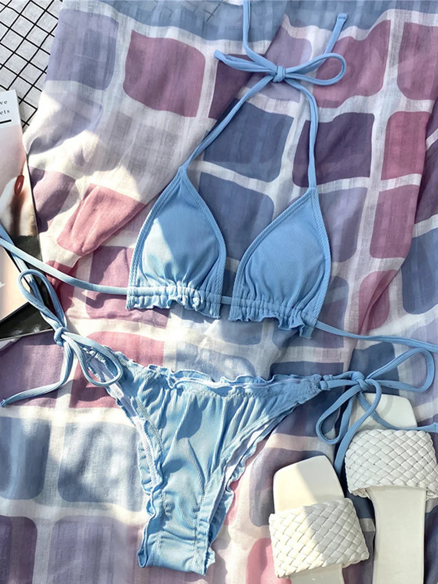 Ribbed Ruffled Frilled Brazilian Bikini