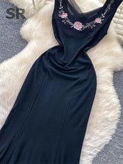 Embroidery Black Fishtail Dress