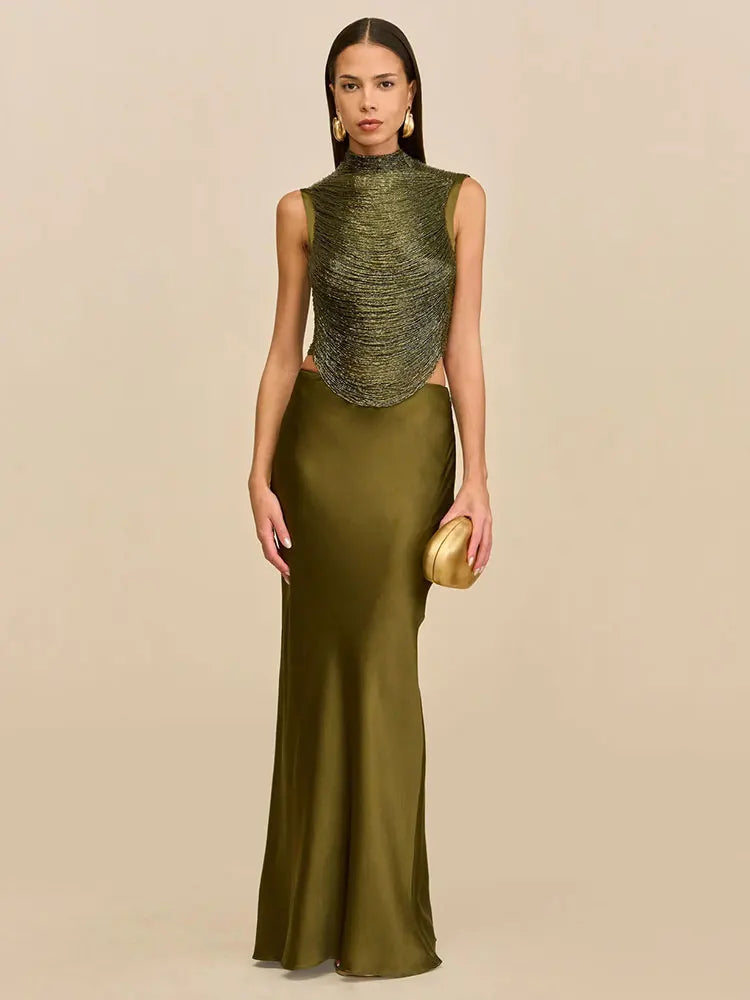 Satin Sexy Tassel Crop Tops Mermaid Long Skirt Sets Elegant Sleeveless Slim Tank Top Vest Party Set
