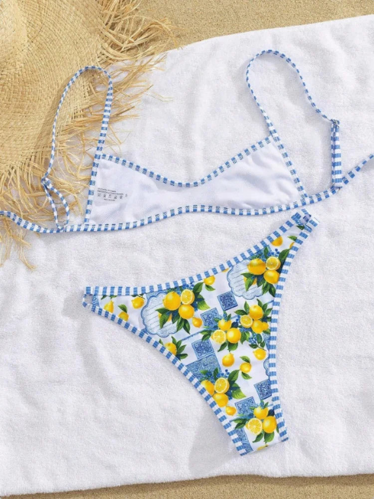 Sexy Sky Blue Fruit Print Micro Bikini