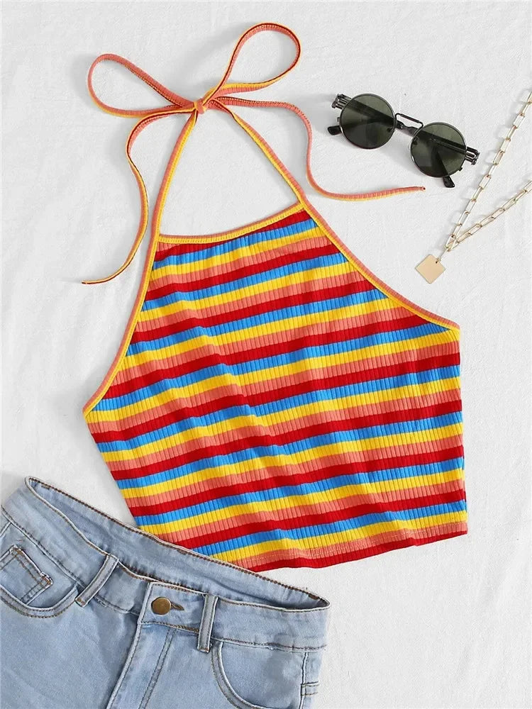Rainbow Rib-knit Striped Halter Top