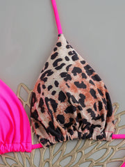Sexy Hot Pink Leopard Print Patchwork Micro Bikini