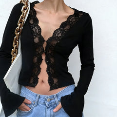 Sexy Lace Panel V Neck Crop Top