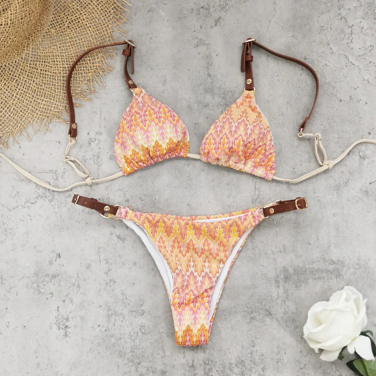 Sexy Orange Leaves Striped Bikini Set