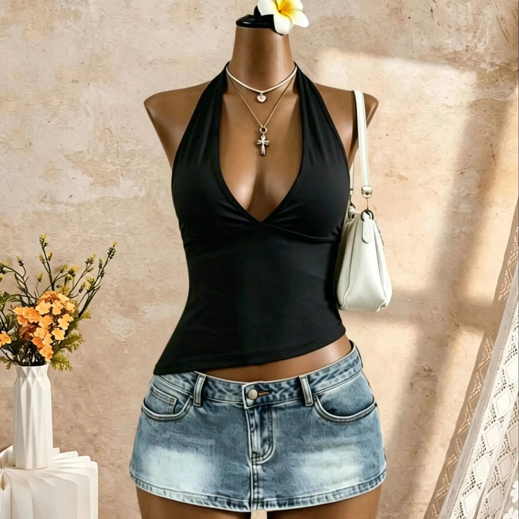 Halter Deep V Neck Sleeveless Slim Fit Cropped Cami Top