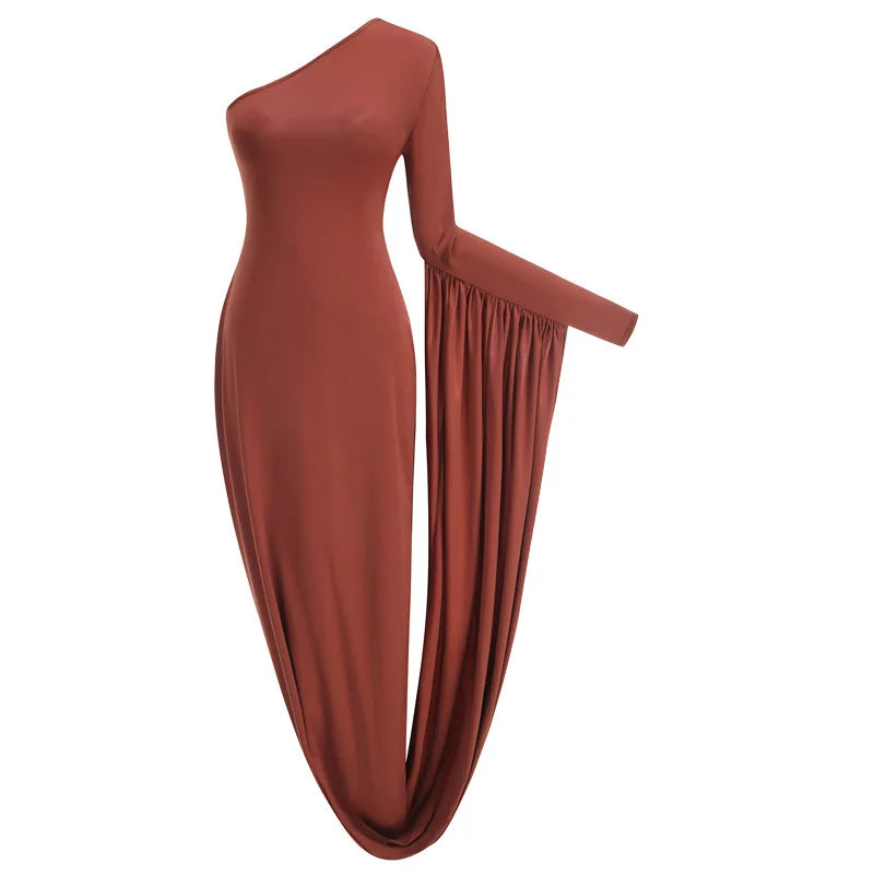 Sexy Bodycon Sloping Shoulder Long Sleeve Maxi Dress