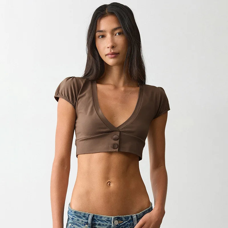 Solid V Neck Button Front Crop Top