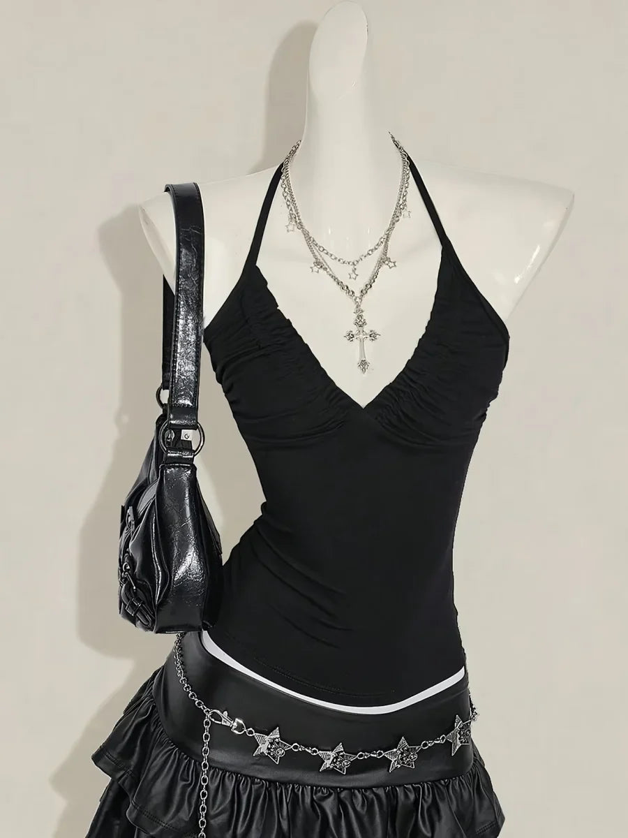Halter Neck Solid Ruched V-Neck Back Tie Tank Top