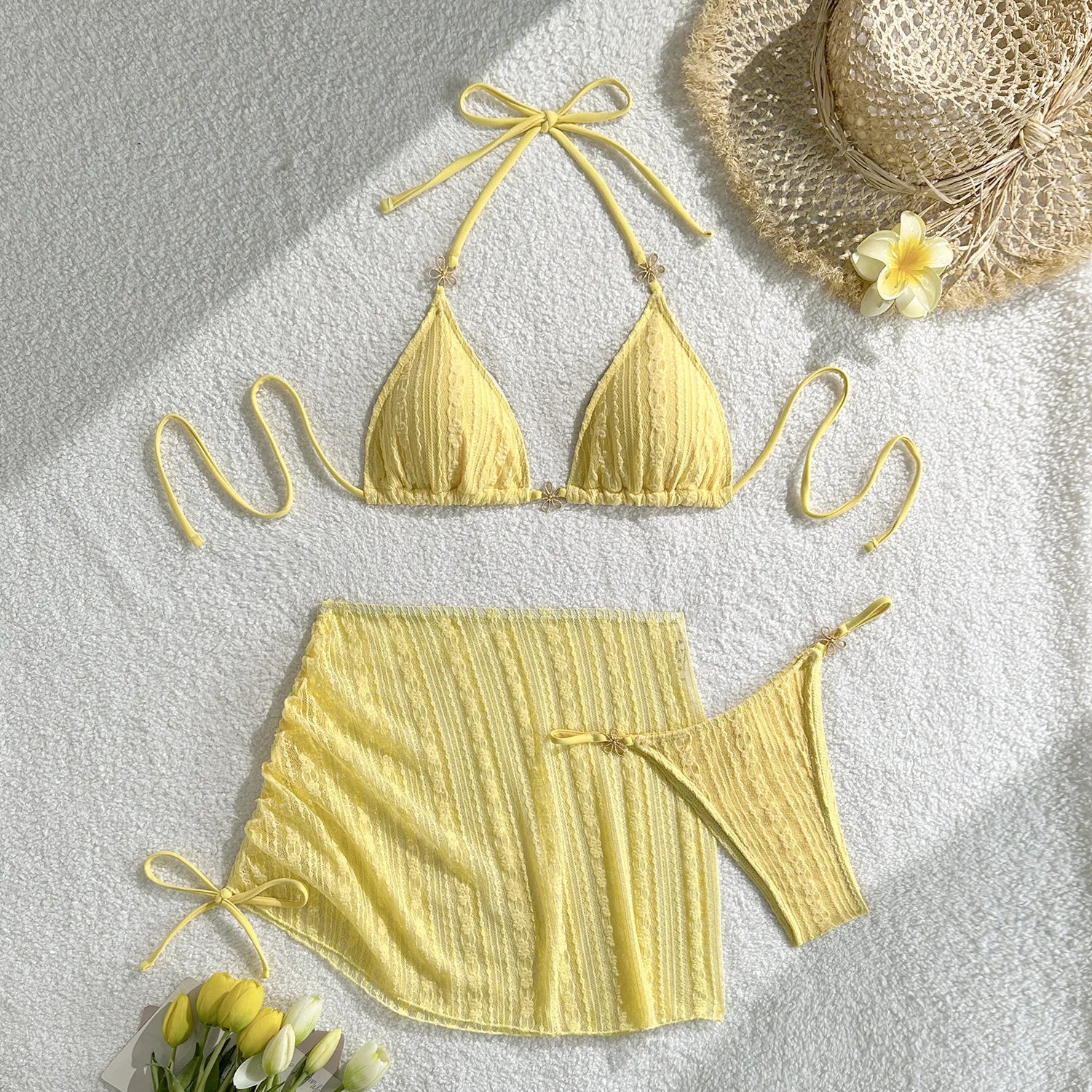 Sexy Drawstring Pleate Skirt 3 Piece Bikini Set