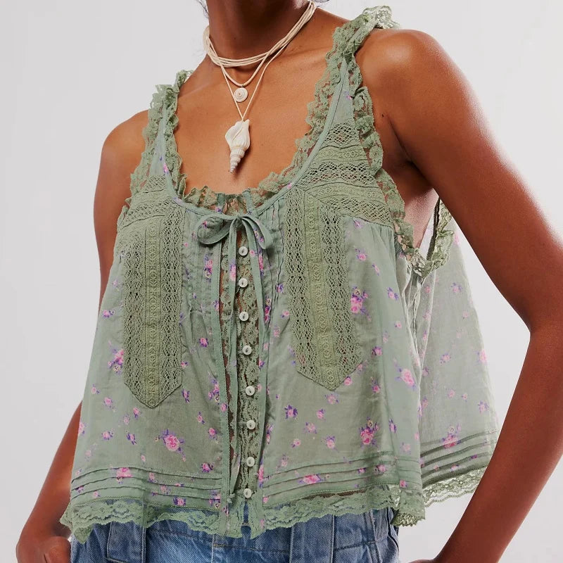 Y2K Button-up Lace Trim Patchwork Cami Tops