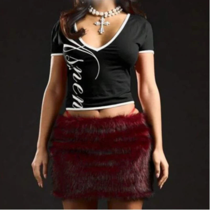 V Neck Short Sleeve Cropped T-Shirt with Letter Print Y2K Style Slim Fit Casual Streetwear Top