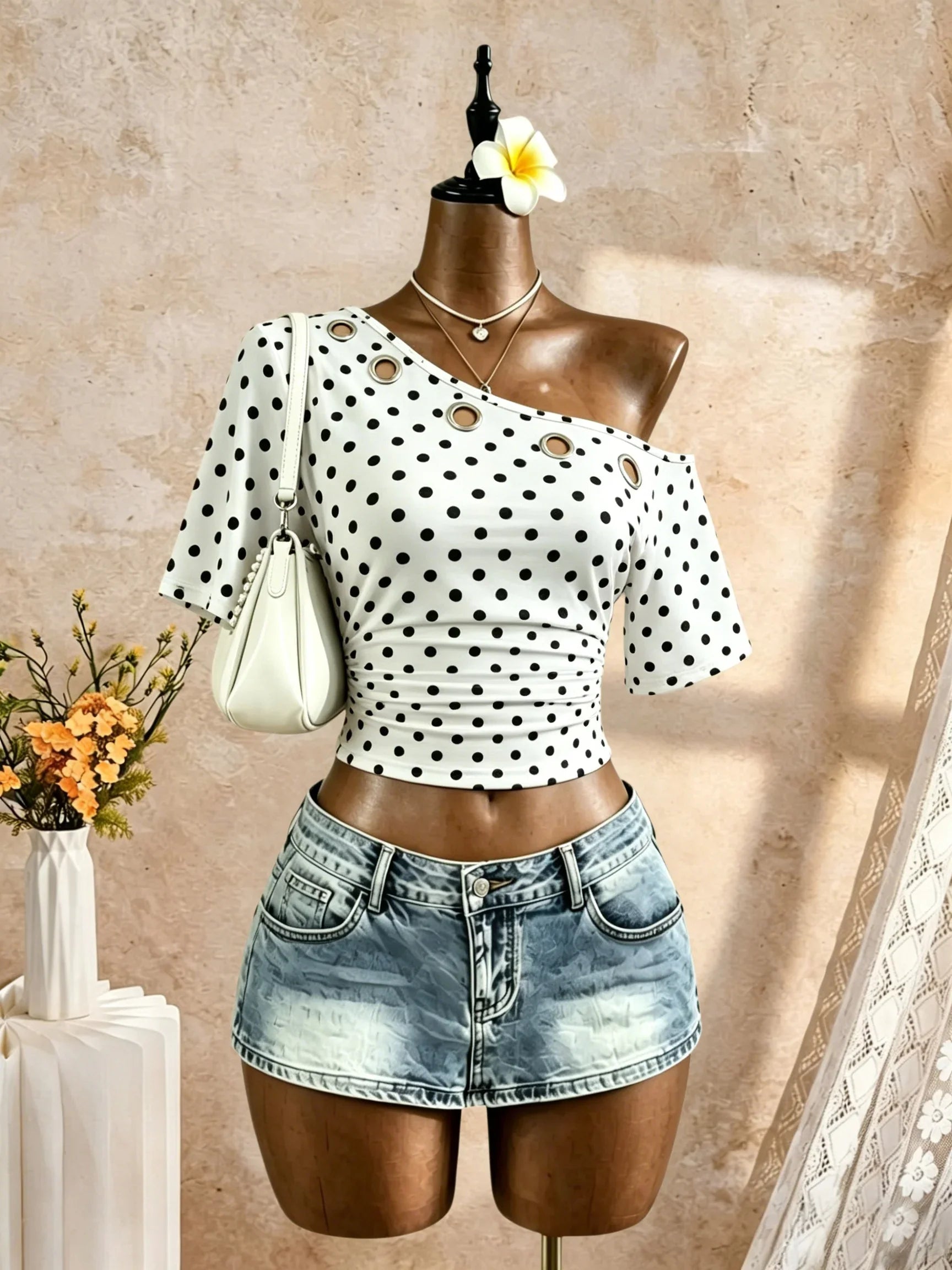 Diagonal One Shoulder Eyelet Ring Decor Short Sleeve Crop Top
