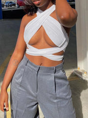Strappy Cross Over Front Cut Out Halter Neck Sleeveless Backless Wrap Crop Top