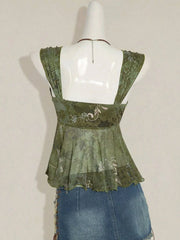 Mesh Knot Front Pleating Strap A-line Crop Top