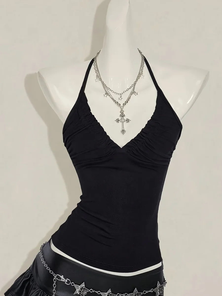 Halter Neck Solid Ruched V-Neck Back Tie Tank Top