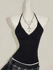 Halter Neck Solid Ruched V-Neck Back Tie Tank Top