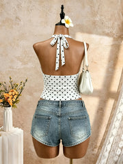 Halter V Neck Polka Dot Print Crop Cami Top