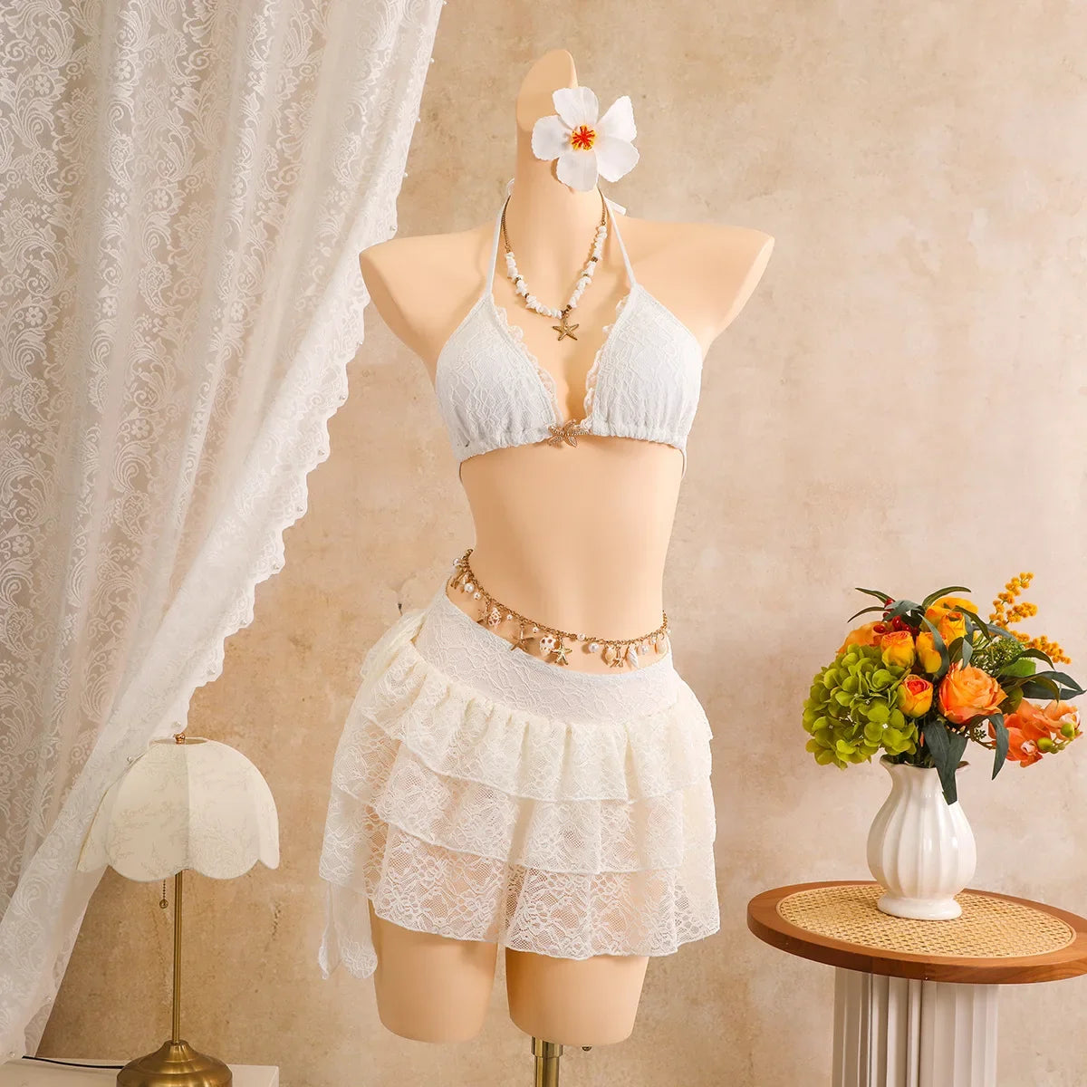 Vintage Red Pleate Skirt 3 Piece Bikini Set