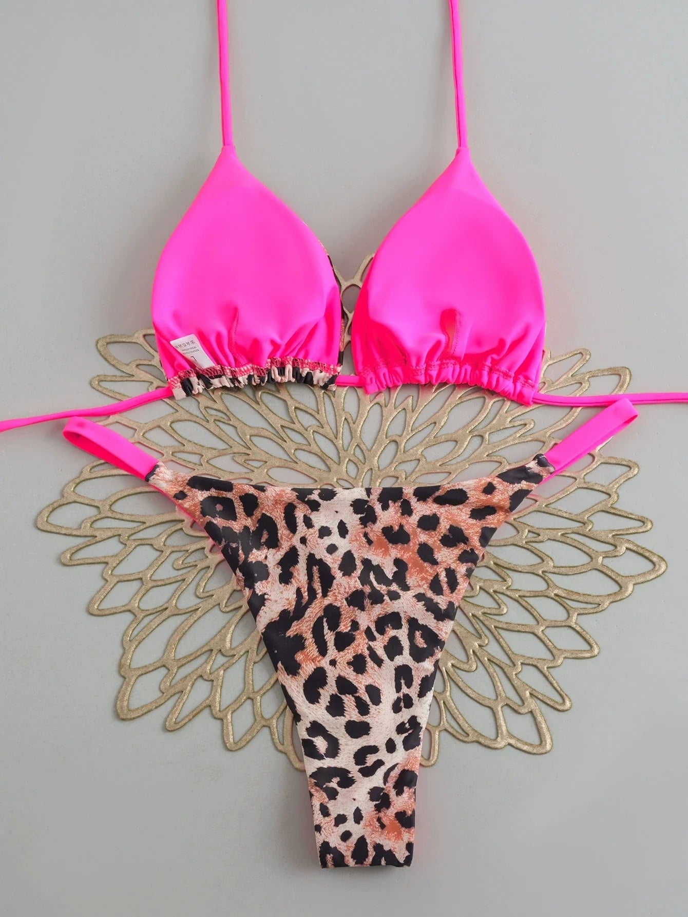 Sexy Hot Pink Leopard Print Patchwork Micro Bikini