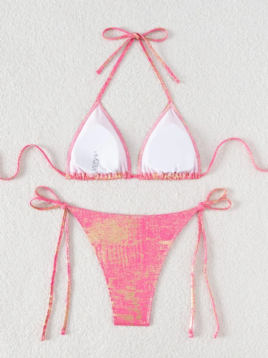 Shiny Glitter Halter Strappy Bikini
