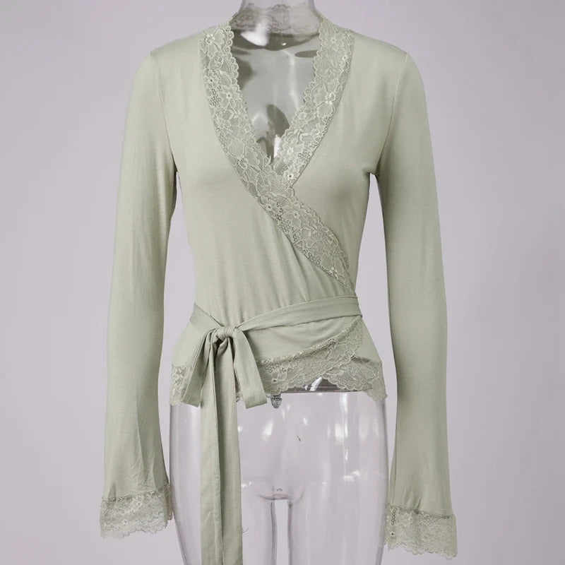 Lace Trim Wrap V Neck T-shirt