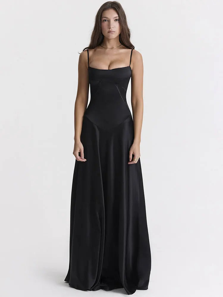 Lace-up Black Satin Maxi Dress