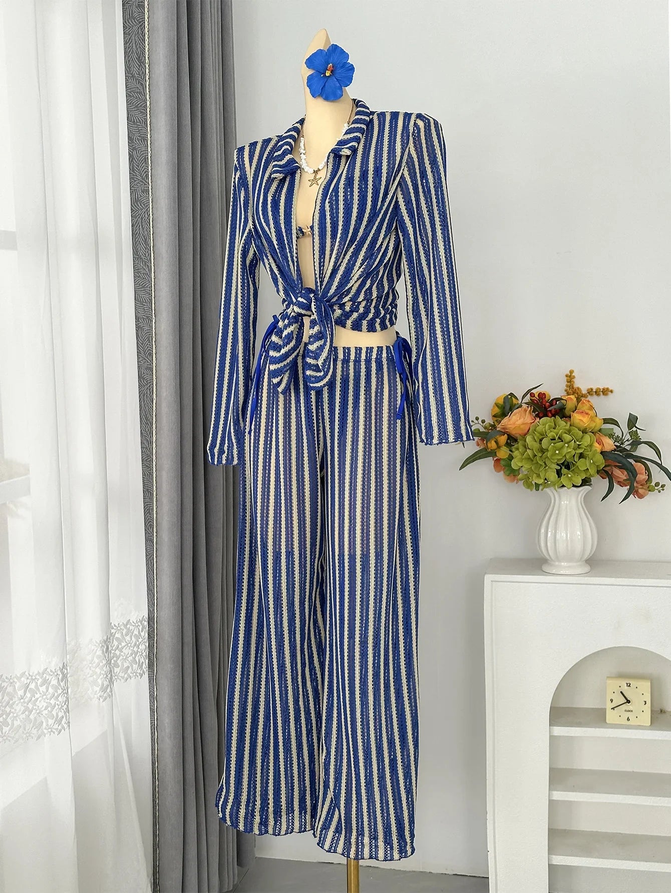 Sexy Blue Striped 4 Piece Bikini Set