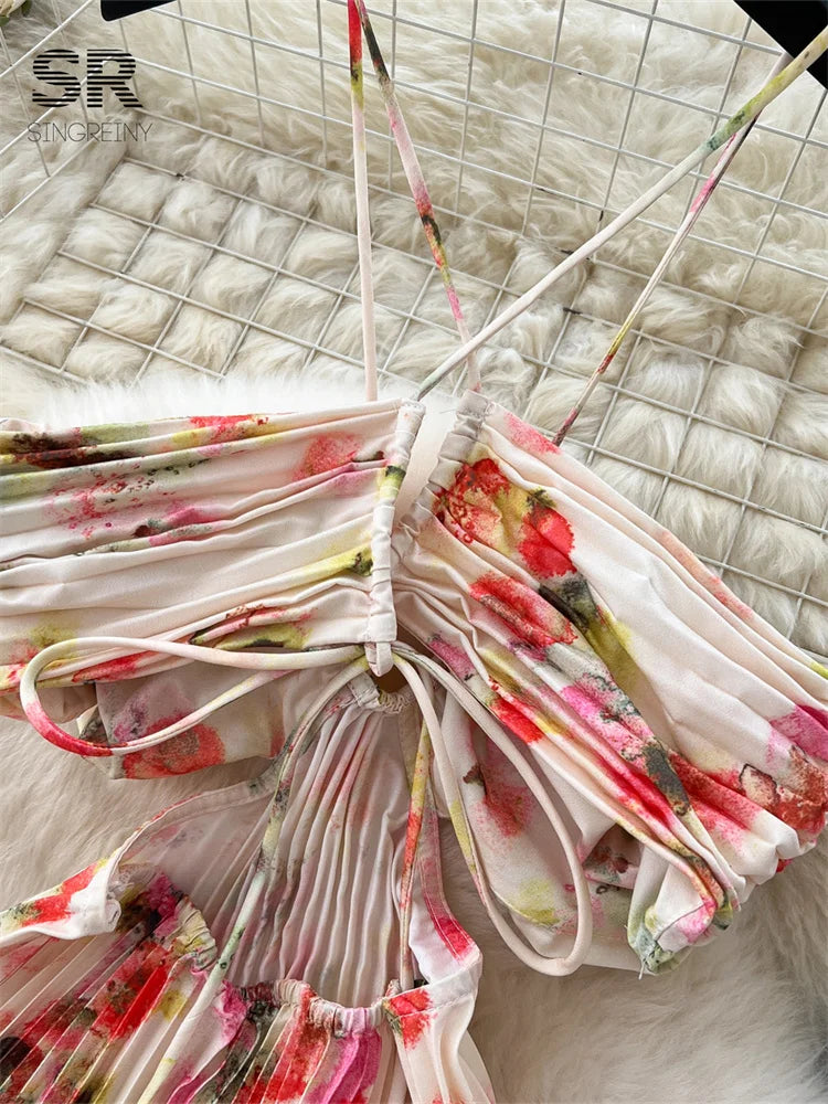 Floral Print Pleated Long Dress