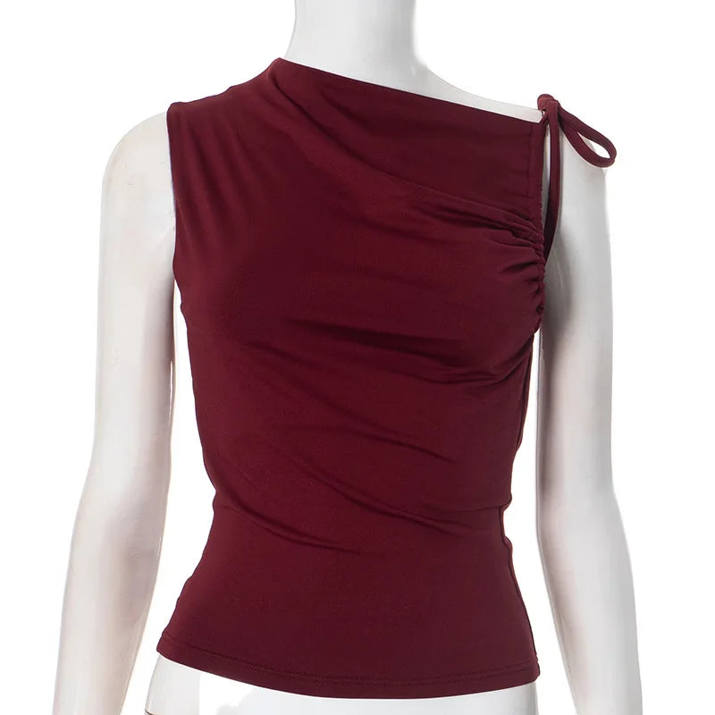 Sleeveless Skew Collar Ruched Lace Up Bodycon Crop Top