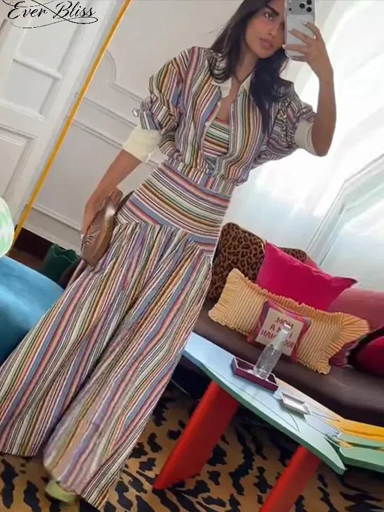 Boho Colorful Stripe Skirt Set Turn Down Collar Single Breasted Long Sleeve Shirt Fitted Waist Flowy Skirts Outfits