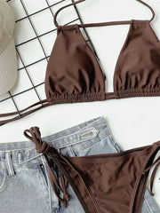 Black Brown Halter Hollow Out Push Up Micro Swimsuit