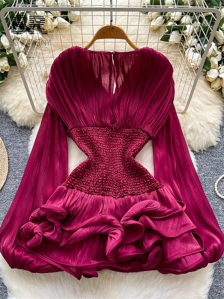 3D Floral Satin Corset Sheer Lantern Sleeve Ruched Stretch Waist Ladies Luxury Party Ruffles Splice Slim Short Dress